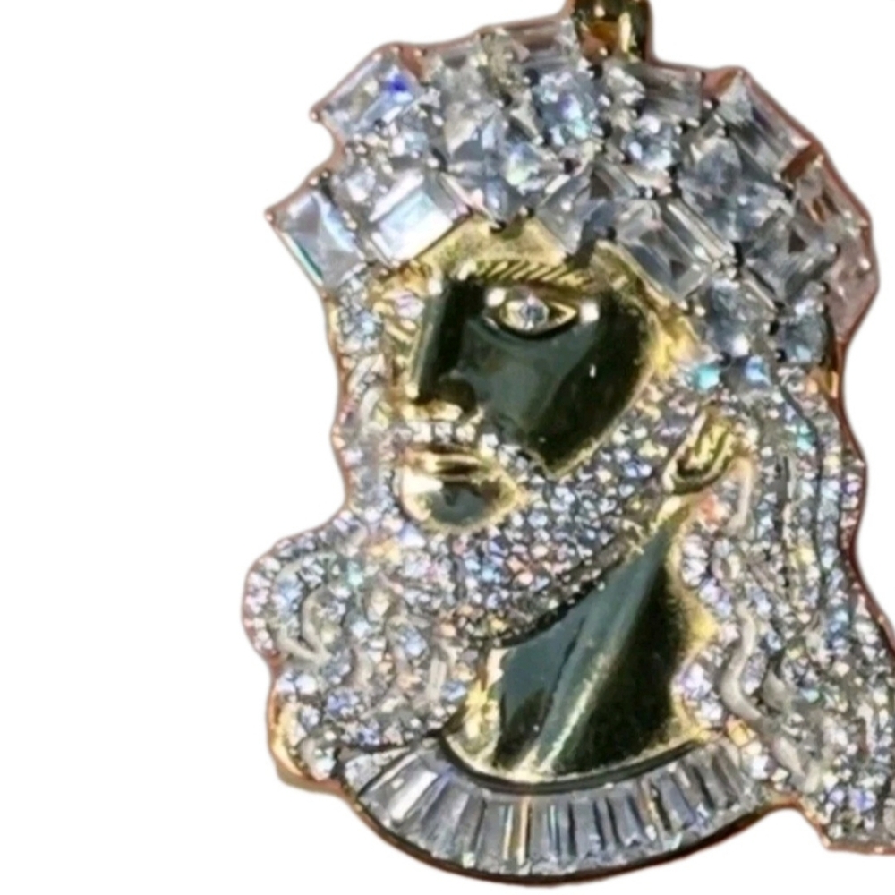 Iced Out 10 carat Moissanite Jesus Peice Baguette Pendant - 14k Yellow ovr 925 S - Picture 3 of 16
